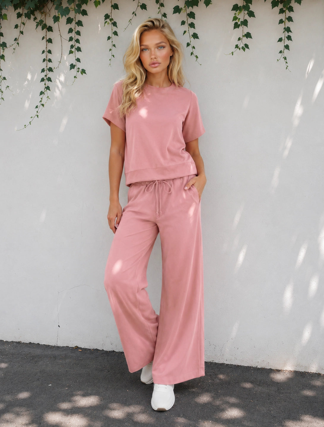 Sunset Walk Set Loose Tee Drawstring Wide Leg Pants 2pcs Outfit