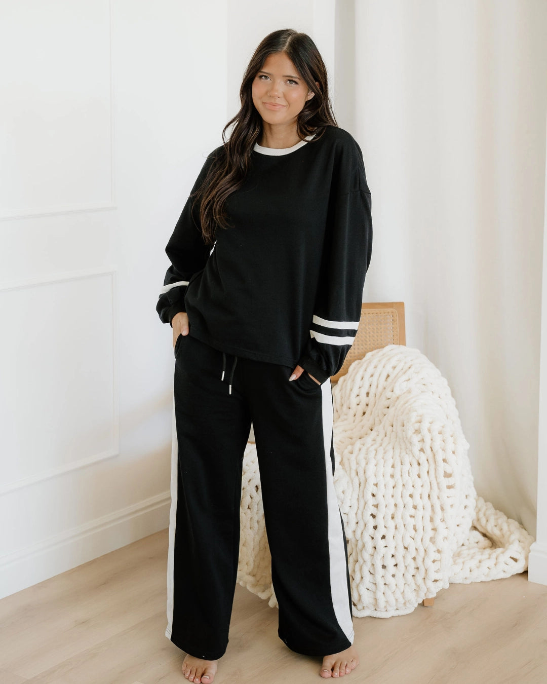 Jordyn Varsity Pant Set-Black | Lounge Wear